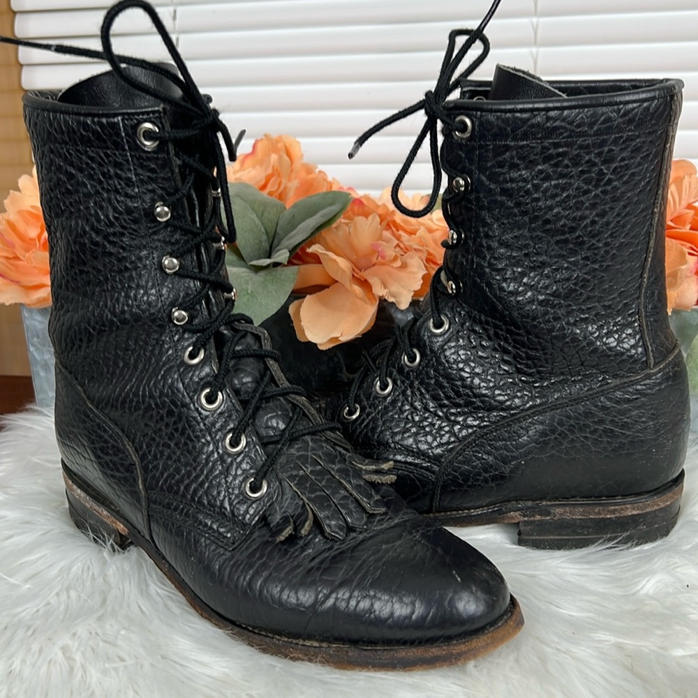 Justin Vintage Black Pebbled Leather Kiltie Lace Up Cowboy Boots Sz 7M
